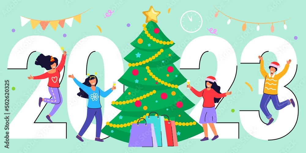 Naklejka premium Happy people celebrating merry Christmas and happy new year dancing at christmas party flat vector illustration Office Business People Team Santa Hat Vector illustration concept
