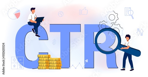 CTR Click through rate acronym Internet campaign Marketing strategy Website traffic Presentation Conversion rate SMM metrics tools Vector illustration Number time clicks Online advertising analysis