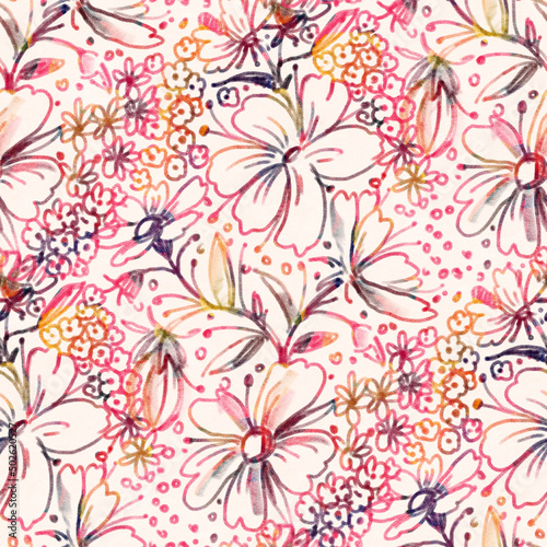 Seamless pattern with bright tropical flowers