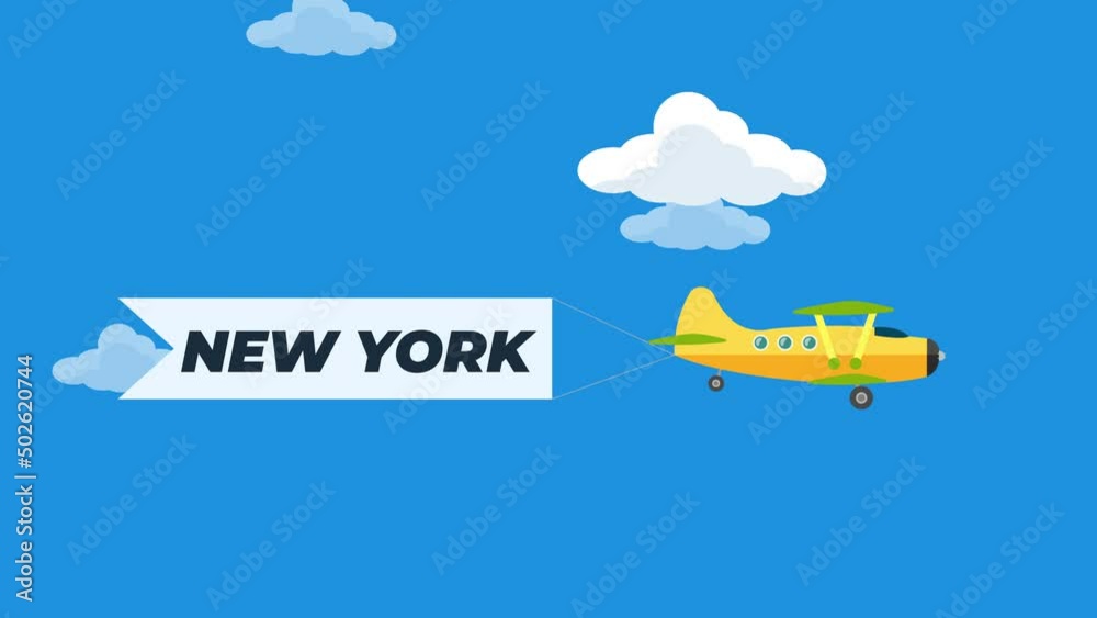 New york concept - airplane towing banner with caption in the sky. 4K motion animation