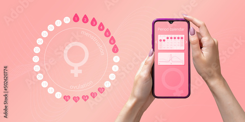 Menstrual cycle tracker mobile app on the smartphone screen in the hands of a woman. Modern technologies for tracking women's health, pregnancy planning photo