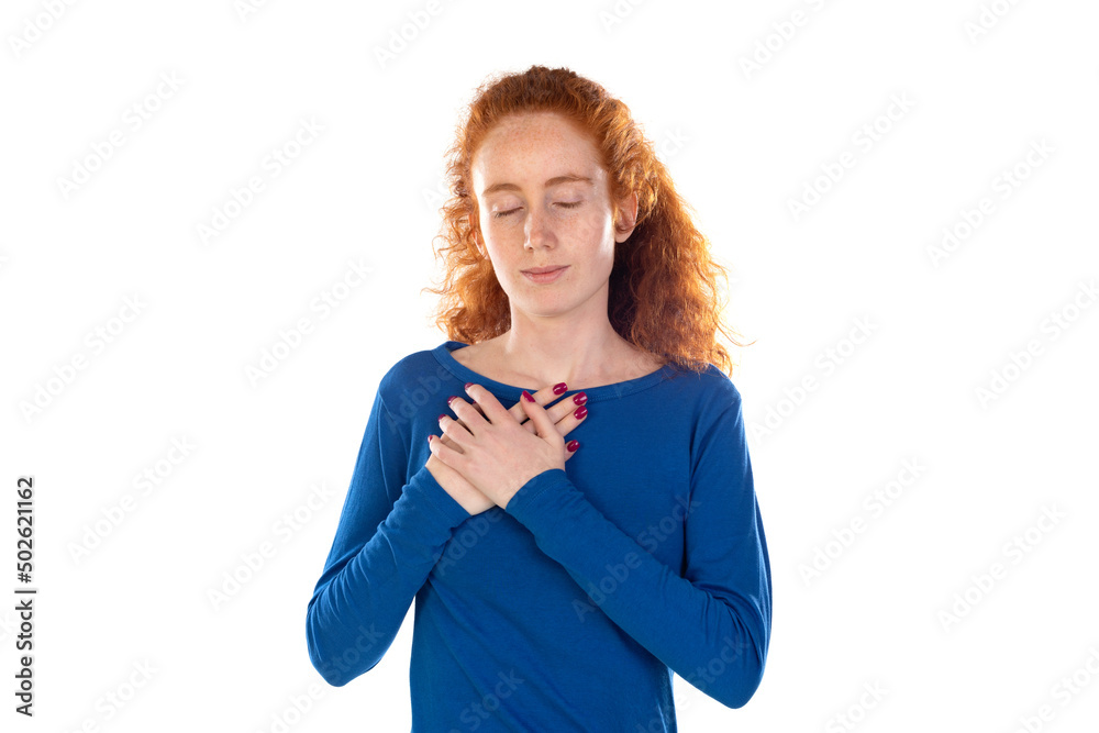 Pretty redhead young woman shows heartfelt gratitude Pretty redhead young woman shows heartfelt gratitude