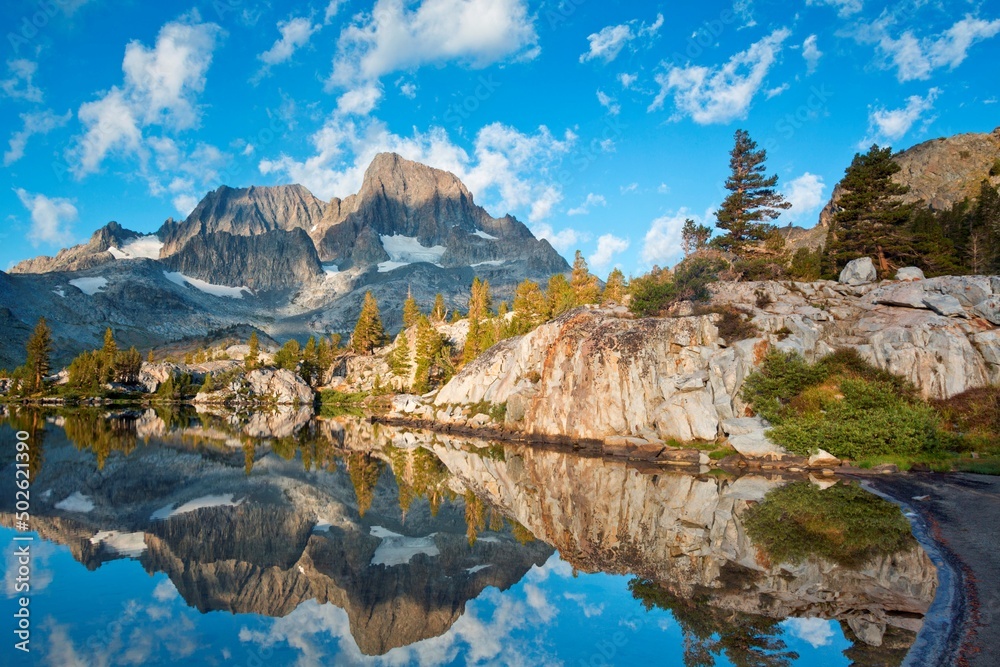 Banner Peak and Mt Ritter reflected in a lake, Garnet Lake, Ansel Adams Wilderness, Inyo National Forest, California, USA Banner Peak and Mt Ritter reflected in a lake, Garnet Lake, Ansel Adams Wilderness, Inyo National Forest, California, USA
