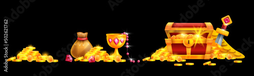 Golden treasure cartoon vector illustration, game pirate money sack, coin pile, full open chest, cup. Ancient hidden adventure trunk, antique jewelry, bag isolated on black. Golden treasure clipart