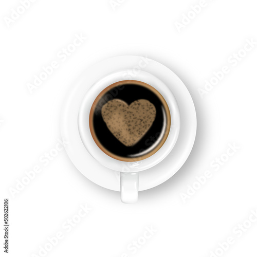 Vector cappuccino coffee with foam heart in white cup and saucer isolated