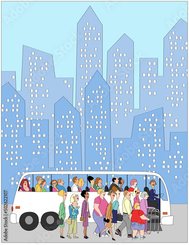 People getting in bus, illustration