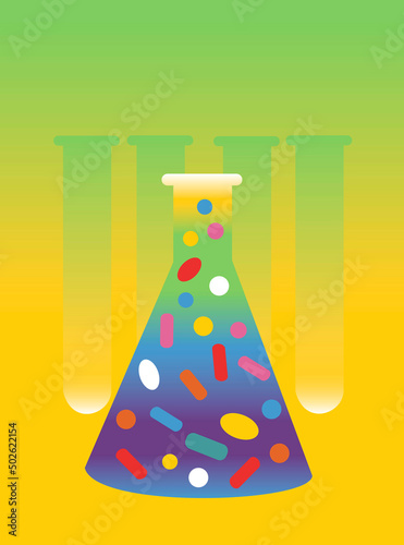 Flask filled with colorful pills, illustration
