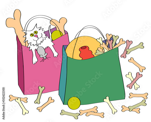 Dog and cat snacks in bags, illustration photo