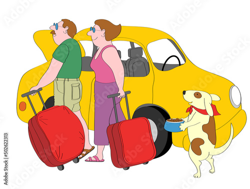 Couple and dog with suitcases standing next to yellow car, illustration