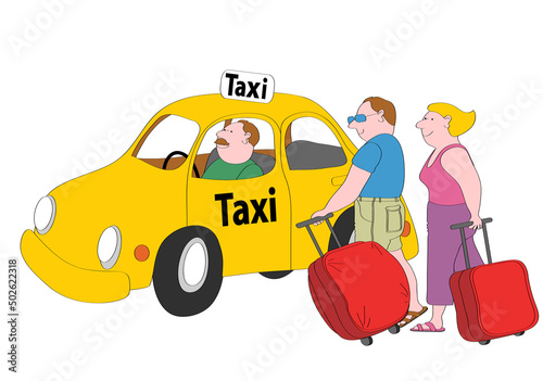 Couple with suitcases standing next to yellow cab, illustration