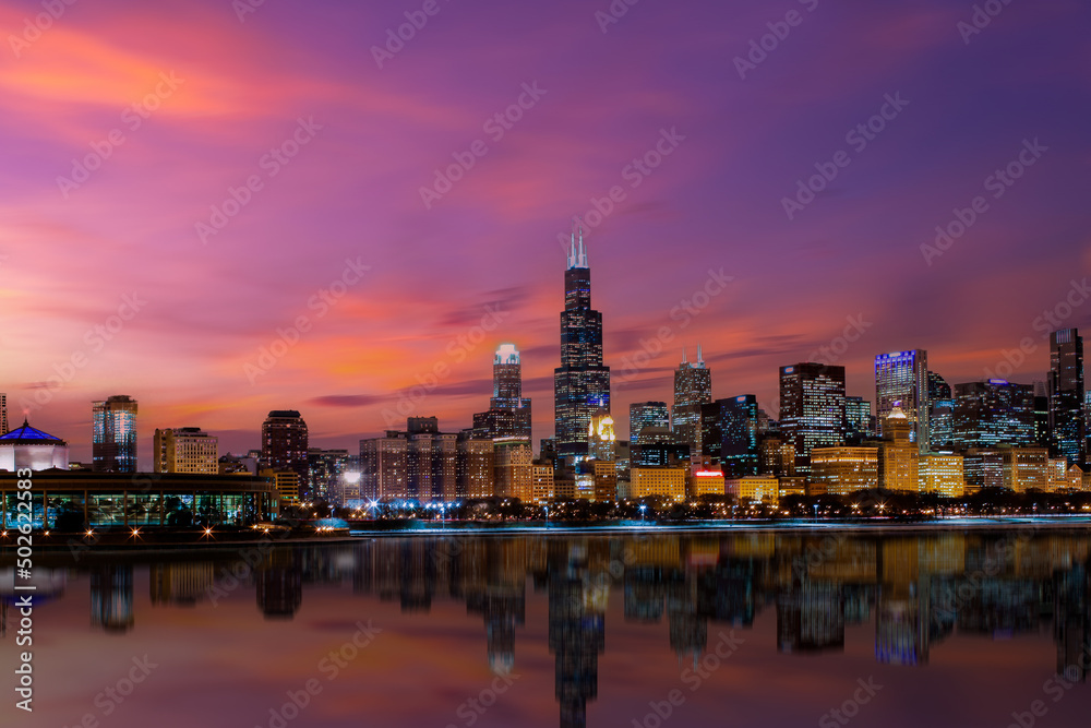 Chicago, Illinois, USA- Downtown skyline from lake Michigan, Chicago downtown skyline at dusk,