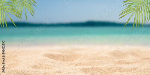Blurred background of sand, palm tree and tropical beach background at summer vacation and travel concept with copy space.