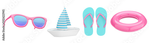 Summer 3d icons. Sunglasses, beach slippers, flip flop, boat, rubber ring. 3d illustration.