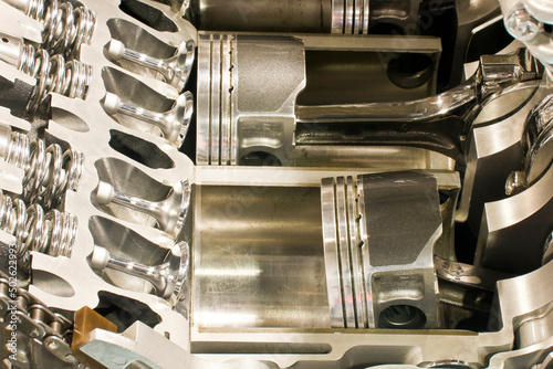 Close-up of a cutaway engine photo