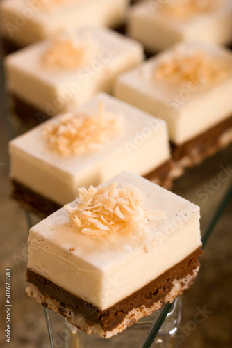 Close-up of cheese fudge brownies garnished with coconut