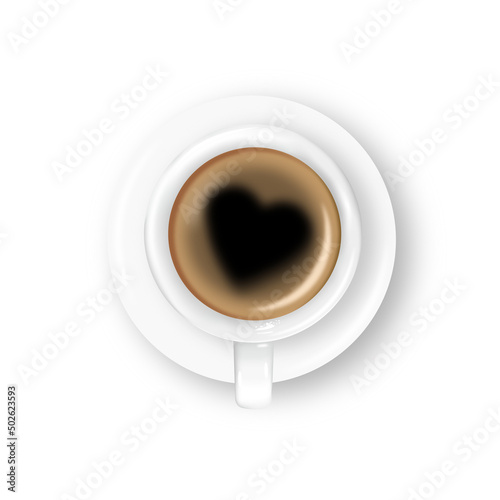 Vector cappuccino coffee with foam heart in white cup and saucer isolated