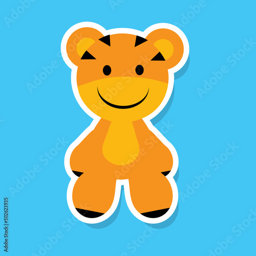 Cute tiger sticker for baby decoration. Vector cartoon illustration on blue background
