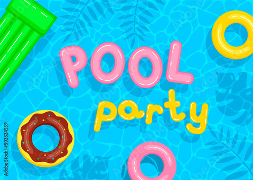 Poster template for pool party. Colorful inflatable circles, mattress and letters float on the water surface