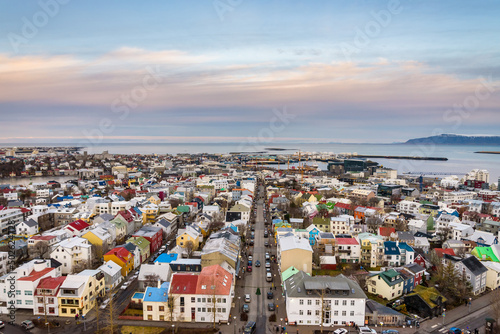 Fototapeta Naklejka Na Ścianę i Meble -  Scenic view of Reykjavik downtown, capital city of Iceland from the tower of Hallgrimskirkja church.