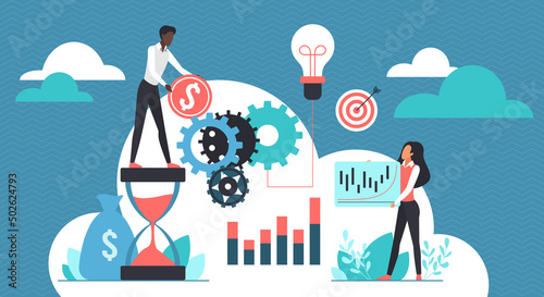 Business investment, corporate development process. Tiny investors holding money coins, report presentation with growing profit graph flat vector illustration. Finance, success venture concept