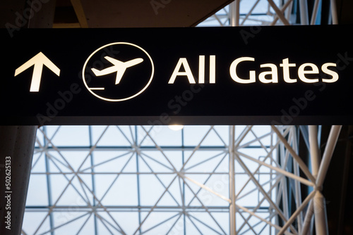 Airport sign - Departures all gates, Keflavik, Iceland.
