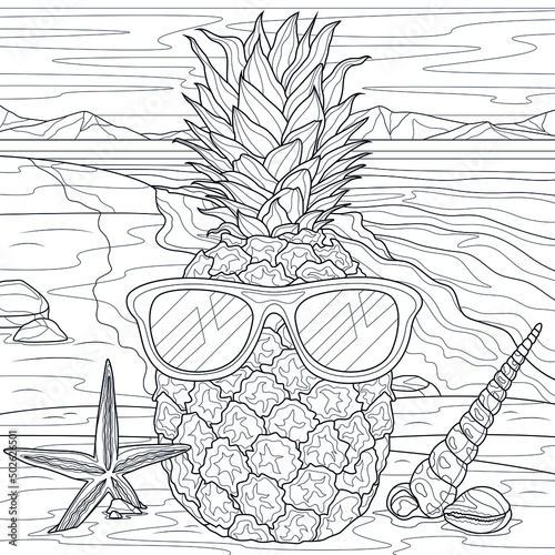 Pineapple in glasses with seashells on the beach.Coloring book antistress for children and adults. Illustration isolated on white background.Zen-tangle style. Hand draw