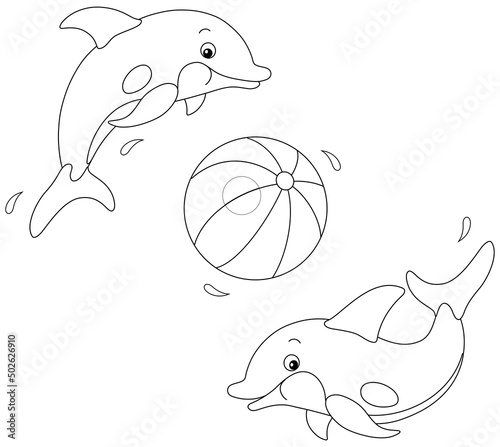 Merry little dolphins jumping out of water and playing a big striped ball, black and white vector cartoon illustration for a coloring book page