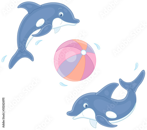 Merry little dolphins jumping out of water and playing a big striped ball, vector cartoon illustration isolated on a white background