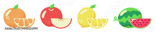 Arte vetorial de frutas e suas respectivas fatias. Perfeito para produtos naturais, bebidas, convites, publicidade.
