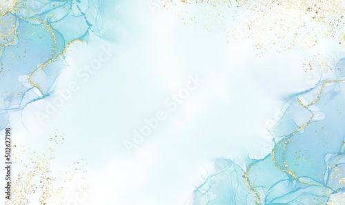 Wallpaper Mural Abstract watercolor or alcohol ink art blue white background with golden crackers. Pastel blue marble drawing effect. llustration design template for wedding invitation,decoration, banner, background. Torontodigital.ca
