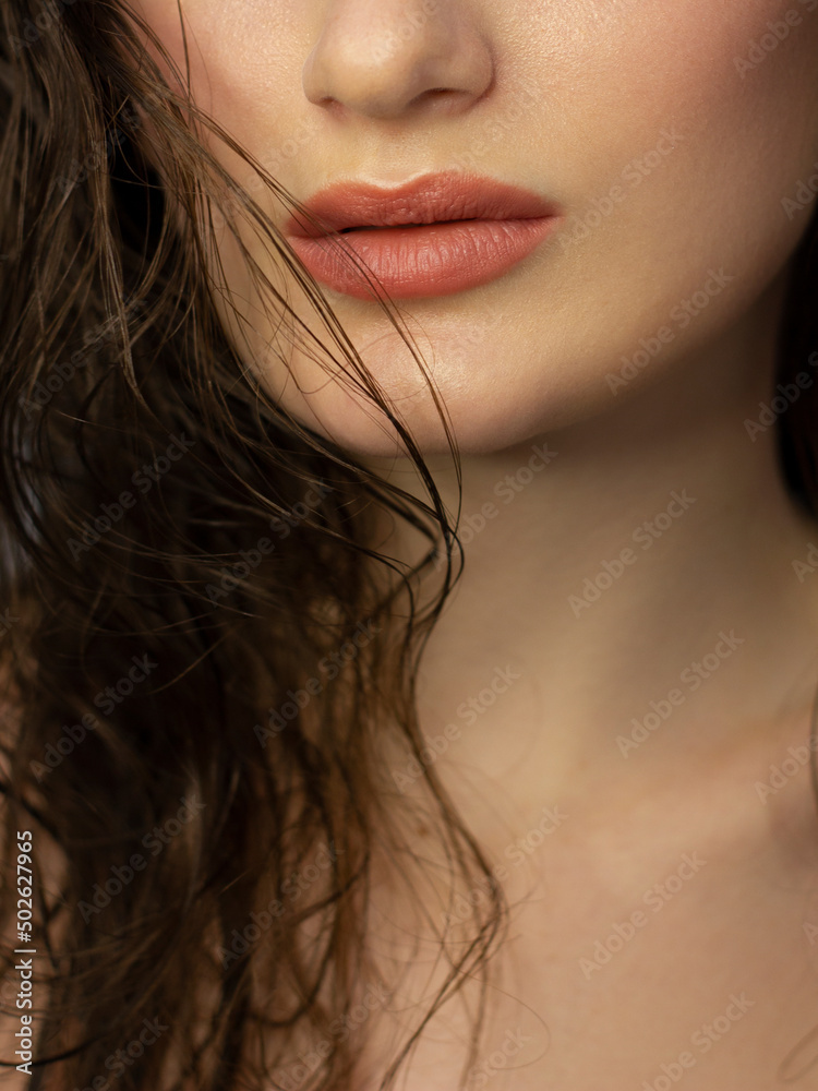 Perfect natural lip makeup. Close up macro photo with beautiful female mouth. Plump full lips. Close-up face detail. Perfect clean skin, light fresh lip make-up. Beautiful spa tender lip Perfect natural lip makeup. Close up macro photo with beautiful female mouth. Plump full lips. Close-up face detail. Perfect clean skin, light fresh lip make-up. Beautiful spa tender lip