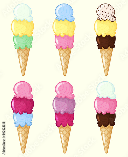 ice cream soft in a cone in different flavors