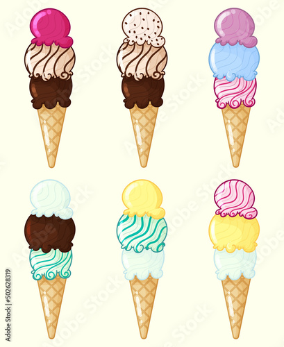 ice cream soft in a cone in different flavors