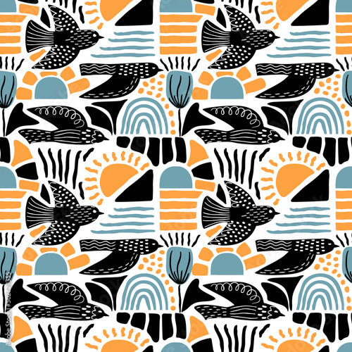 Abstract seamless pattern with flying birds and geometric shapes.Stripes, dots, rainbow, flower in blue and yellow.Contemporary stylish vector background and texture for printing on fabric and paper.
