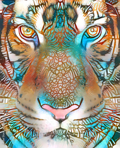 Oriental tiger painting with an abstract decorative pattern