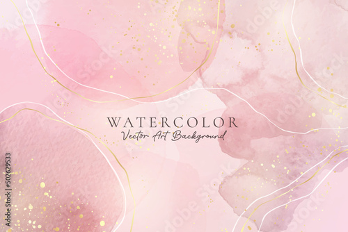 Rose pink liquid watercolor background with golden dots. Dusty blush marble alcohol ink drawing effect. Vector illustration design template for wedding invitation, menu, rsvp