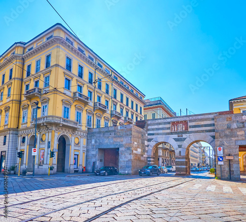 The Arch of Porta Nouva gates, the medieval remains of city's walls, located in historical part of the city Milan, Italy photo