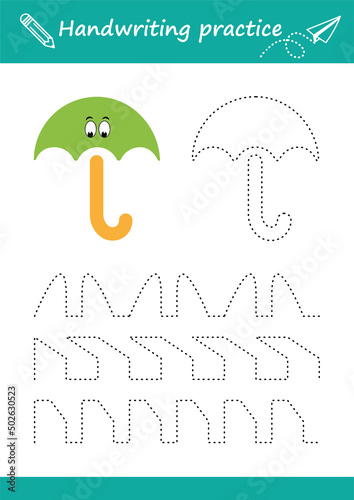 Lines of outlining with a cartoon with an umbrella. Educational worksheet for children. Handwriting practice sheet. 