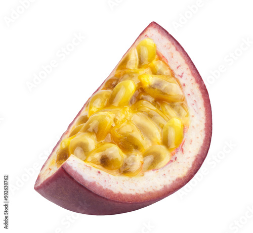 Passion fruit isolated. Ripe juicy passion fruit slice isolated on white background. photo