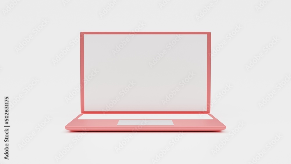 Pink laptop on a white background with a white empty screen. Render 3d. Pink laptop on a white background with a white empty screen. Render 3d.