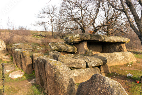 Ancient Thracian dolmen Nachevi Chairi, Hlyabovo, Bulgaria photo