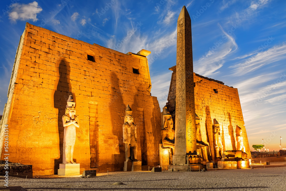 Luxor Temple side view with Pylon and obelisk beautiful sunset light, Egypt