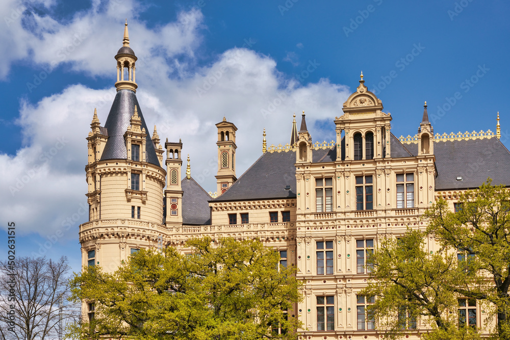 Castle in Schwerin, Schwerin palace in Germany. Schloss located in the capital of Mecklenburg-Vorpommern state, state parliament.