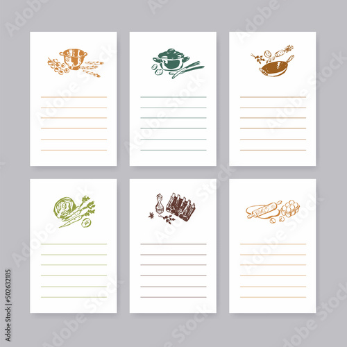 Blank sticker pages for making notes about meal preparation and cooking ingredients. Recipe sheets decorated with kitchen utensils and vegetable drawings