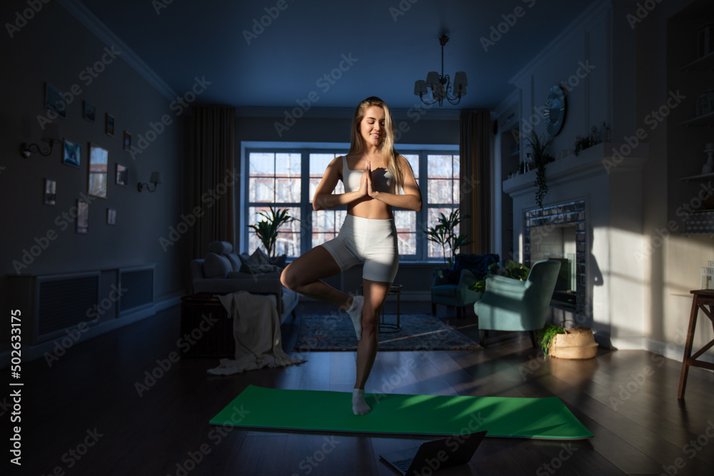 Attractive woman doing yoga online using laptop at home. Attractive woman doing yoga online using laptop at home.