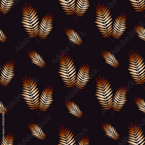 Plant pattern. Golden and bronze leaves on a red background