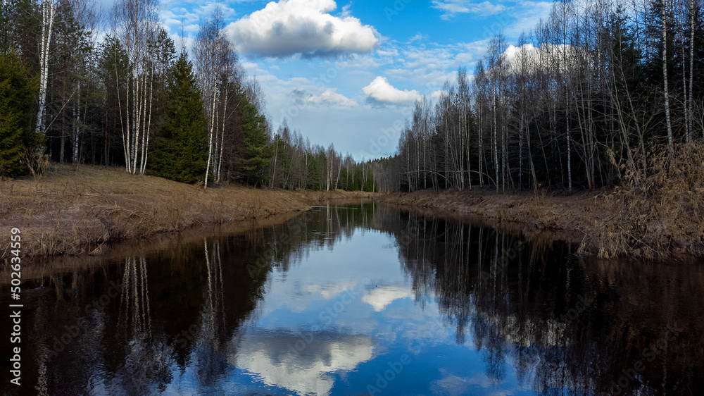 beautiful spring river in deep forest. Reflections of clouds and sky. natural background