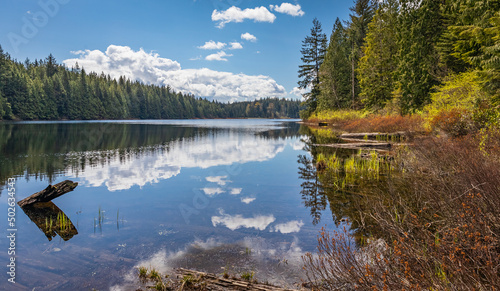 Beautiful landscape of a lake in a forest. Rolley Lake Provincial Park near the town of Mission in BC, Canada