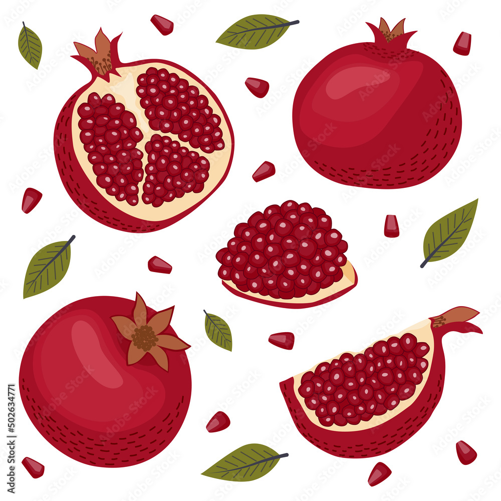 Pomegranate set with whole fruits, halves, slices, seeds and leaves. Vector illustration in a flat style on a white background. Pomegranate set with whole fruits, halves, slices, seeds and leaves. Vector illustration in a flat style on a white background.
