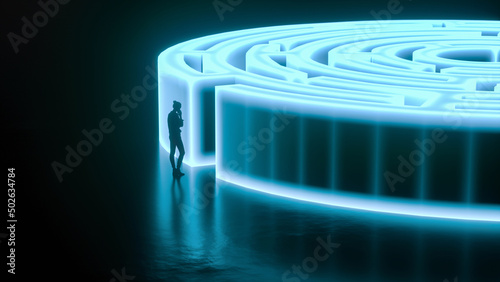 a woman stands in front of a labyrinth (3d rendering)